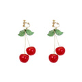 Elegant Sweet Cherry Fruit Clip-On Alloy With Green Enamel Leaves And Glossy Acrylic Cherries Earrings view 5