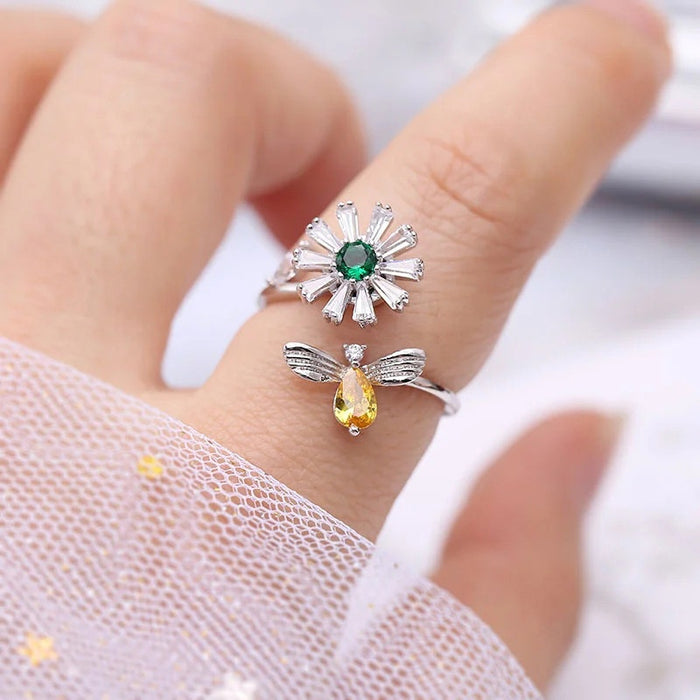 Sparkling Bee Collecting Honey Sunflower Open Ring Trendy Adjustable Statement Fashion Ring