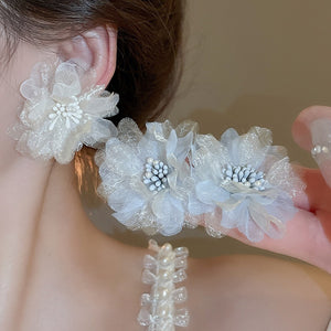 Fresh Forest Style Mesh Flower Stud Earrings With Silver Pins For Sweet Girls