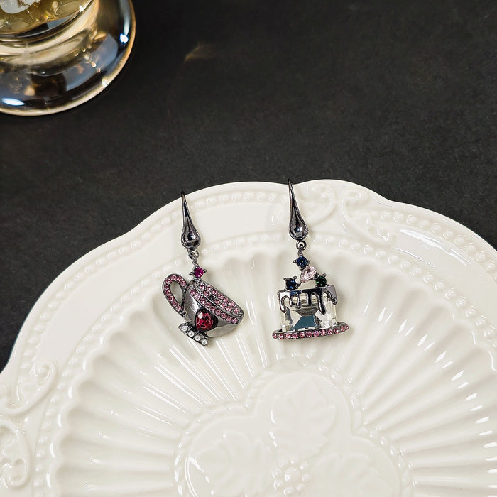 Luxury Asymmetric Teacup And Cake Drop Alloy Rhinestone Crystal Sweet Cool Design Hook Earrings