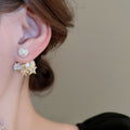 French Chic Gold Plated Faux Pearl Star Double Sided Silver Pin Drop Earrings for Women view 3