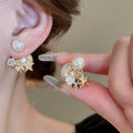 French Chic Gold Plated Faux Pearl Star Double Sided Silver Pin Drop Earrings for Women view 1