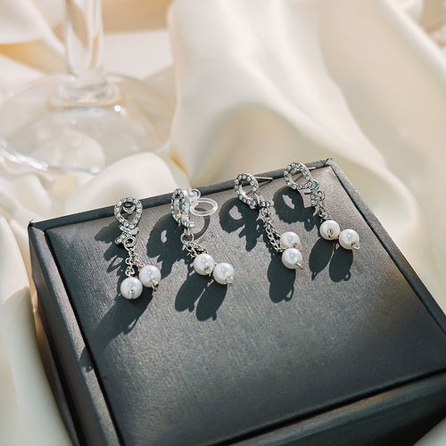 Light Luxury Rhinestone Teardrop Pearl Tassel Chain Drop Clip Stud Earrings