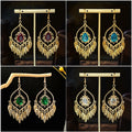 Vintage Ethnic Alloy Teardrop Crystal Pendant Chandelier Feather Tassel Bohemian Dangle Earrings view 1
