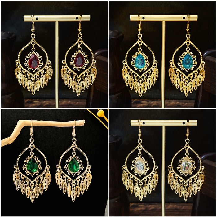 Vintage Ethnic Alloy Teardrop Crystal Pendant Chandelier Feather Tassel Bohemian Dangle Earrings