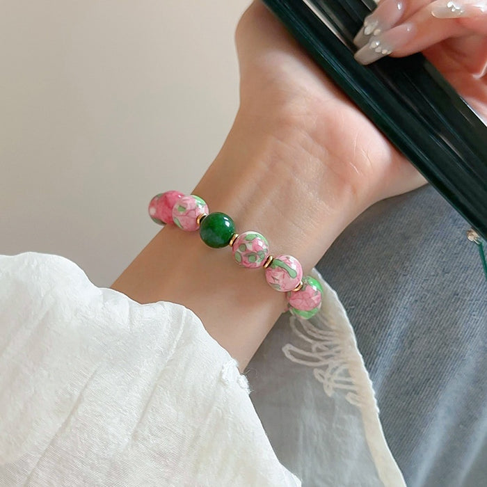 Gold Plated Red Green Gradient Ceramic Beaded Bracelet, New Chinese Sweet Geometric Jewelry