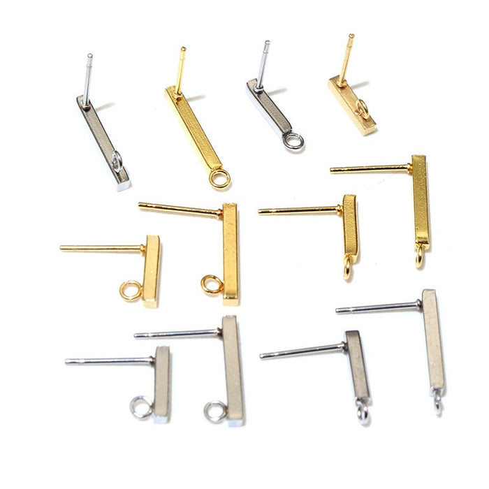 T-Shaped Long Bar Square Wire Ear Stud Posts With Loop For Handmade DIY Earrings, No Backs