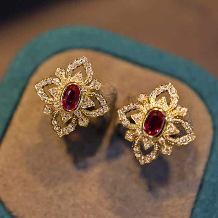 Italian Four Leaf Clover Stud Earrings For Women Vintage Faux Diamond Flower Palace Style Jewelry