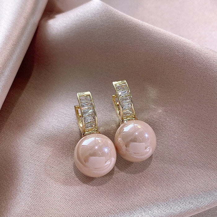 Pink Pearl Hoop Earrings, Light Luxury French Style Niche Design Ear Buckle For Women