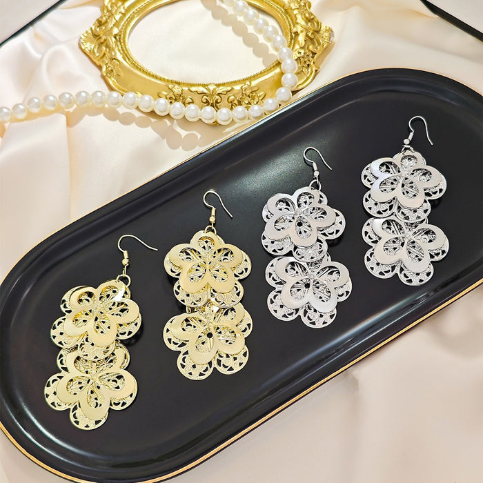 Elegant Hollow Filigree Flower Alloy Drop Earrings, Layered Metal Floral Tassel Dangle Earrings