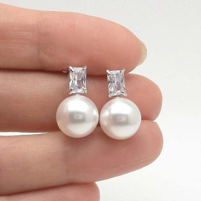 Large Diameter Faux Pearl Stud Earrings With Square Rhinestone, Elegant Lady Fashion Ear Jewelry