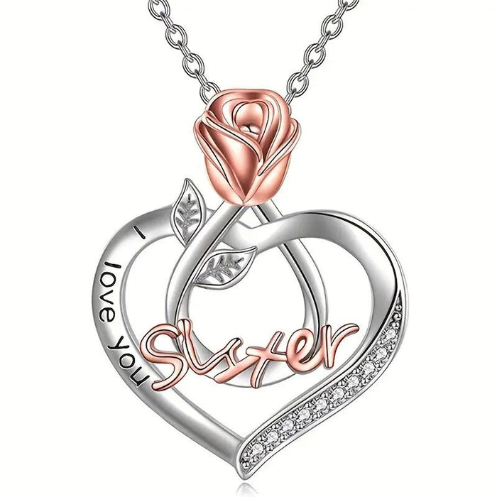 Two Tone Rose Flower Heart Sister Necklace European Style Friendship Jewelry Gift