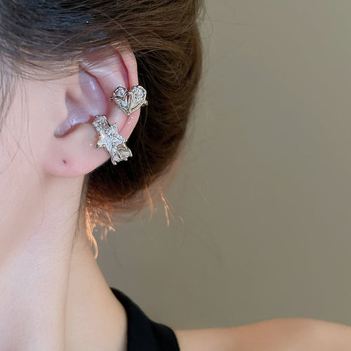 Light Luxury Copper Zircon Heart Star Round Ear Cuff Clip-on Earrings for Women