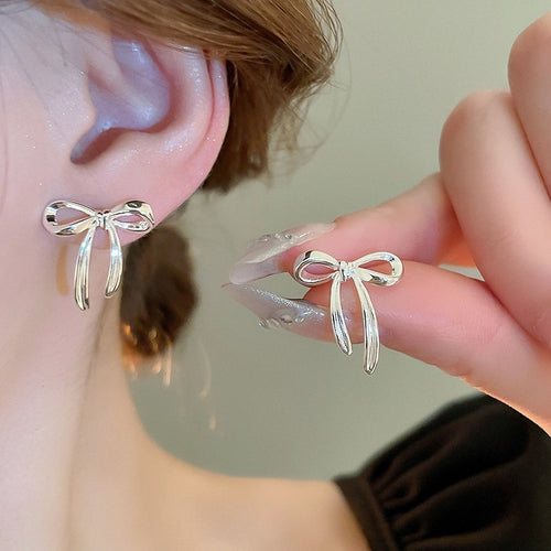 French Minimalist Pearl Bow Copper Drop Earrings With Silver Needle Posts For Women