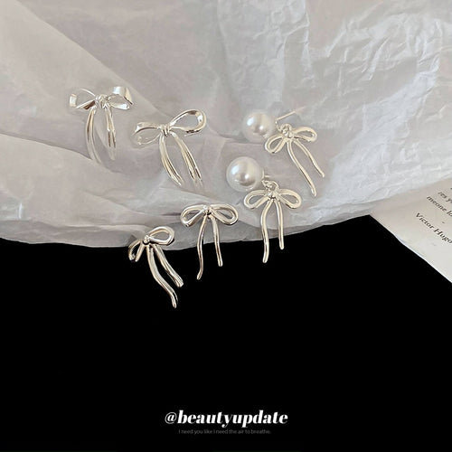 French Minimalist Pearl Bow Copper Drop Earrings With Silver Needle Posts For Women