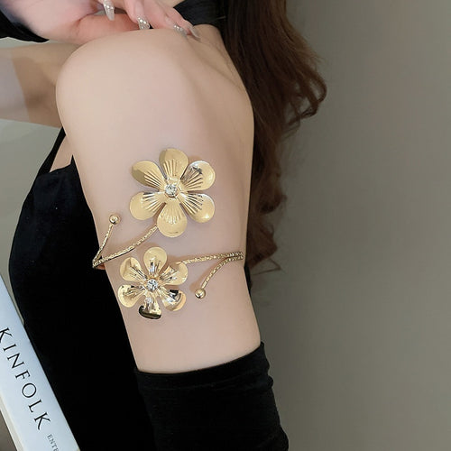 Light Luxury Alloy Open Cuff Bangle With Layered Flower And Leaf Design