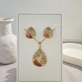 Vintage Geometric Hollow Diamond Oval Gold Tone Alloy Jewelry Set Elegant Necklace Stud Earrings view 4
