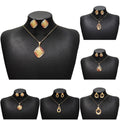 Vintage Geometric Hollow Diamond Oval Gold Tone Alloy Jewelry Set Elegant Necklace Stud Earrings view 1