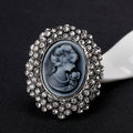 Black Silver Tone Woman Portrait Crystal Metal Brooch Pin view 4