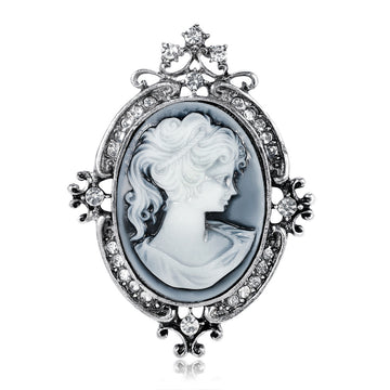 Blue Silver Tone Woman Portrait Crystal Metal Brooch Pin