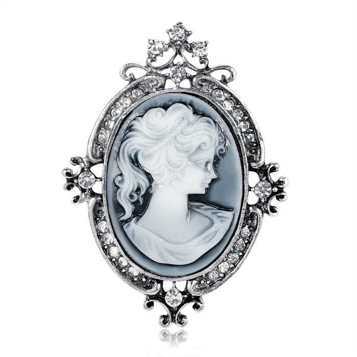 Blue Silver Tone Woman Portrait Crystal Metal Brooch Pin