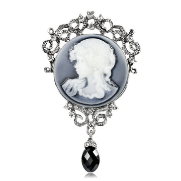 Blue Silver Tone Woman Portrait Crystal Metal Brooch Pin 2 x 5 cm