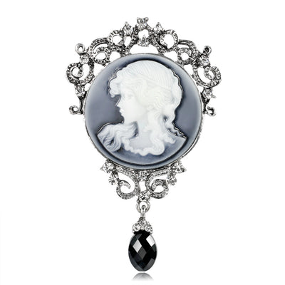 Front product view of the woman portrait brooch pin in silver and blue