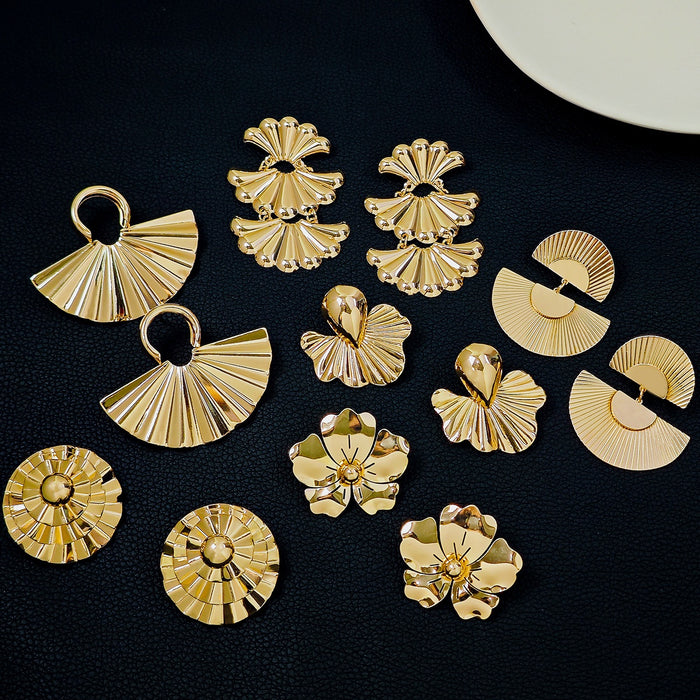 Vintage Gold Alloy Geometric Leaf Hollow Fan Round Heavy Metal Statement Dangle Drop Earrings