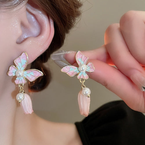 Silver Needle Gradient Enamel Butterfly Faux Pearl Sweet Style Drop Earrings