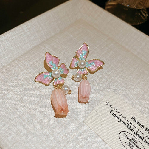 Silver Needle Gradient Enamel Butterfly Faux Pearl Sweet Style Drop Earrings