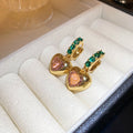 French Sweet Pink Green Zircon Heart Drop Earrings Court Style Elegant Ear Buckle Jewelry view 1