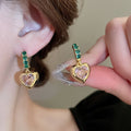 French Sweet Pink Green Zircon Heart Drop Earrings Court Style Elegant Ear Buckle Jewelry view 2