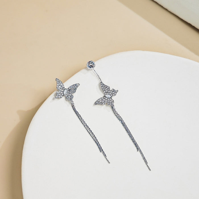 Elegant Asymmetric Butterfly Rhinestone Alloy Silver Needle Long Tassel Drop Statement Earrings