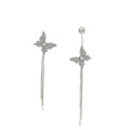 Elegant Asymmetric Butterfly Rhinestone Alloy Silver Needle Long Tassel Drop Statement Earrings view 5