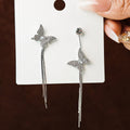 Elegant Asymmetric Butterfly Rhinestone Alloy Silver Needle Long Tassel Drop Statement Earrings view 2