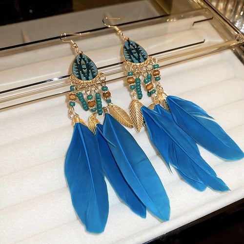 Bohemian Vintage Feather Long Tassel Drop Earrings Geometric Lightweight Statement Ear Hooks