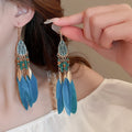 Bohemian Vintage Feather Long Tassel Drop Earrings Geometric Lightweight Statement Ear Hooks view 1
