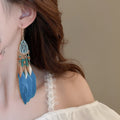 Bohemian Vintage Feather Long Tassel Drop Earrings Geometric Lightweight Statement Ear Hooks view 3