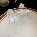 Chic White Faux Crystal Flower Tassel Drop Earrings With Silver Pins view 4
