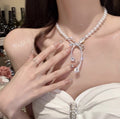 French Light Luxury Rhinestone Bow Faux Pearl Clavicle Necklace For Women view 2