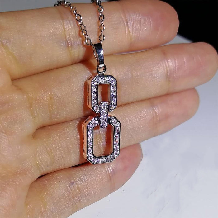 Geometric Square Pendant Necklace For Women Light Luxury Full Zircon Pave Sparkling Statement Jewelry