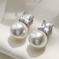 Large Diameter Faux Pearl Stud Earrings With Square Rhinestone, Simple Fashion Temperament Earrings view 2