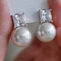 Large Diameter Faux Pearl Stud Earrings With Square Rhinestone, Simple Fashion Temperament Earrings view 1