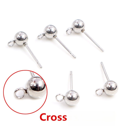 3-6mm Stainless Steel Ball Stud Earrings With Loop Round Bead Pins For DIY Jewelry Findings No Backs