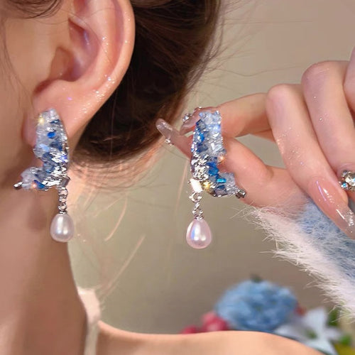 Faux Blue Crystal Butterfly Stud Earrings With Silver Needle Chic Light Luxury Women's Jewelry