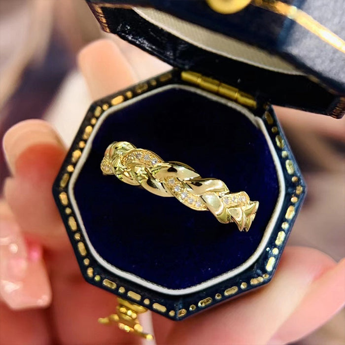Russian Style Cross Woven Leaf Ring For Women With Inlaid Zircon Bold Braided Jewelry