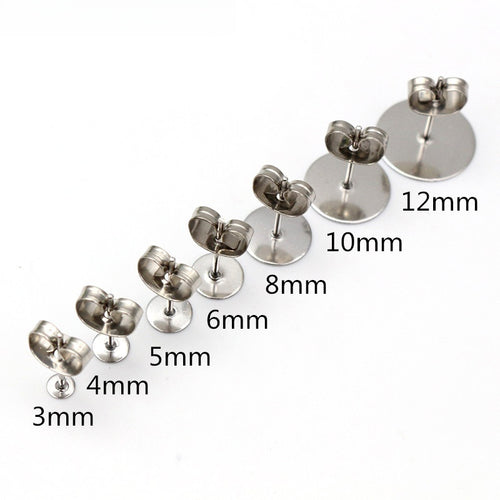 100pcs 3-12mm Stainless Steel Flat Post Stud Earrings Water Plated Gold Ear Findings Without Backs