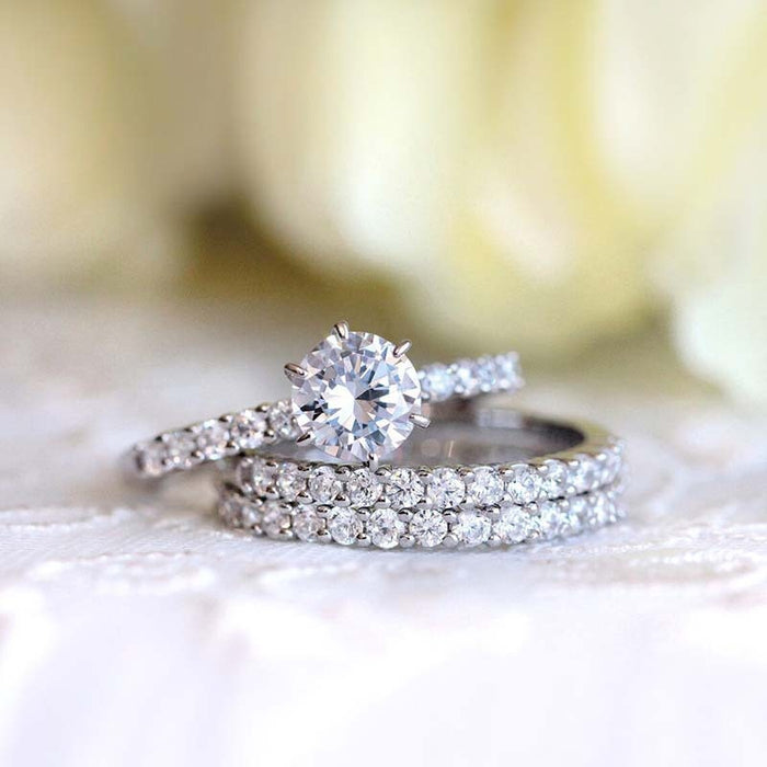 Micro Pave Zircon Stackable Ring Set, Row Stone Bridal Proposal Wedding Engagement Rings For Women