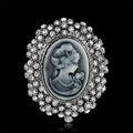 Black Silver Tone Woman Portrait Crystal Metal Brooch Pin view 2