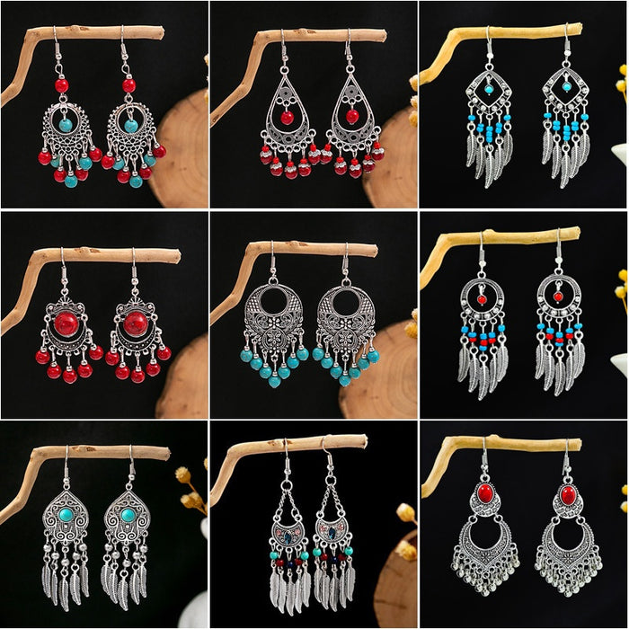 Vintage Round Hollow Ethnic Bohemian Turquoise Tassel Earrings For Travel Souvenir